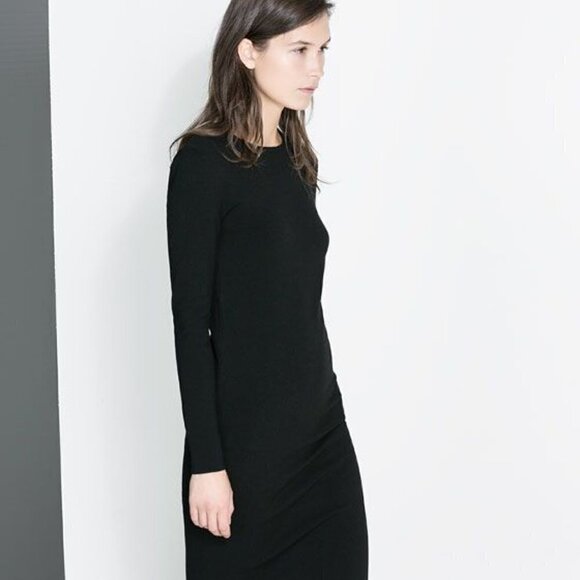 Zara black stretchy Jersey Knit rucched midi dress Minamalist Career Size Med - Picture 3 of 7